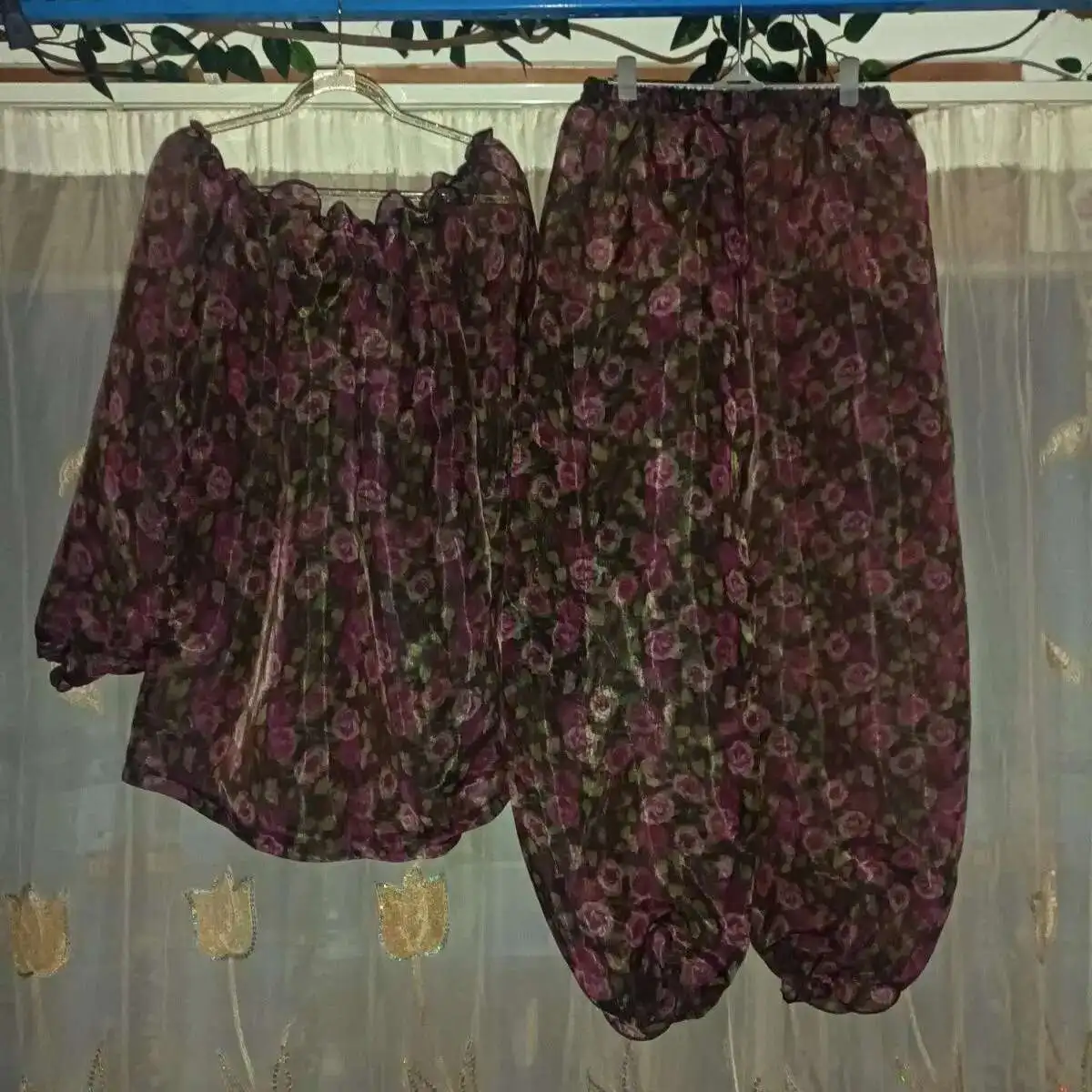 Glossy mesh floral print pajamas two-piece set Women long sleeve loose sleeping plus size top pants
