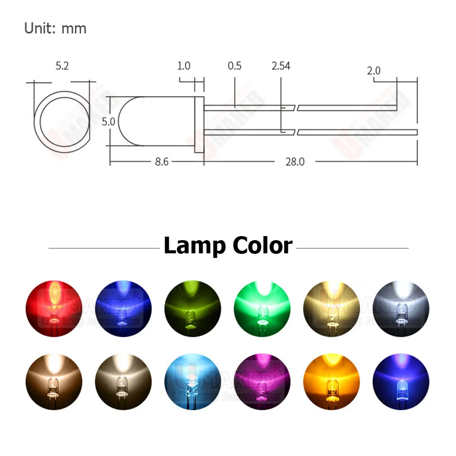 1000pcs F5 5mm Clear LED round lamps diodes chip 3.2-3.4v 20mA light beads F5 led Emitting diodes WW/W/R/G/B/Y Lighting DIY lamp