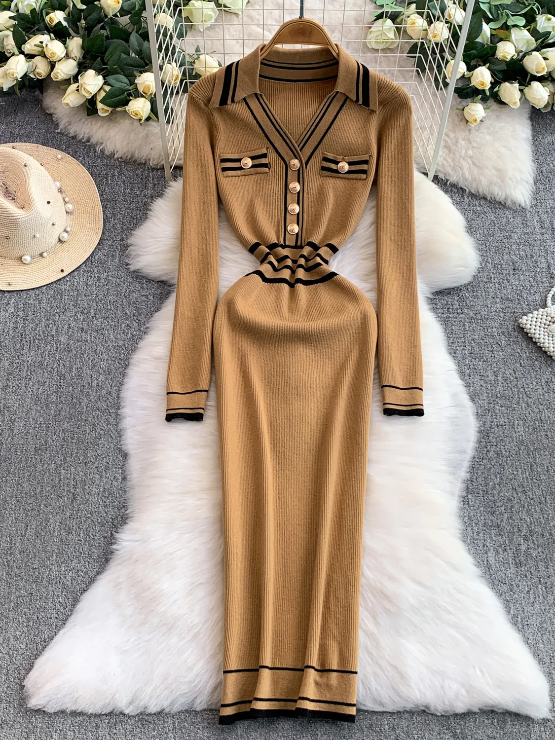 Coreano sle v-ne malha dr feminino outono inverno listrado cintura-concha camada base tubo reto saia faionable