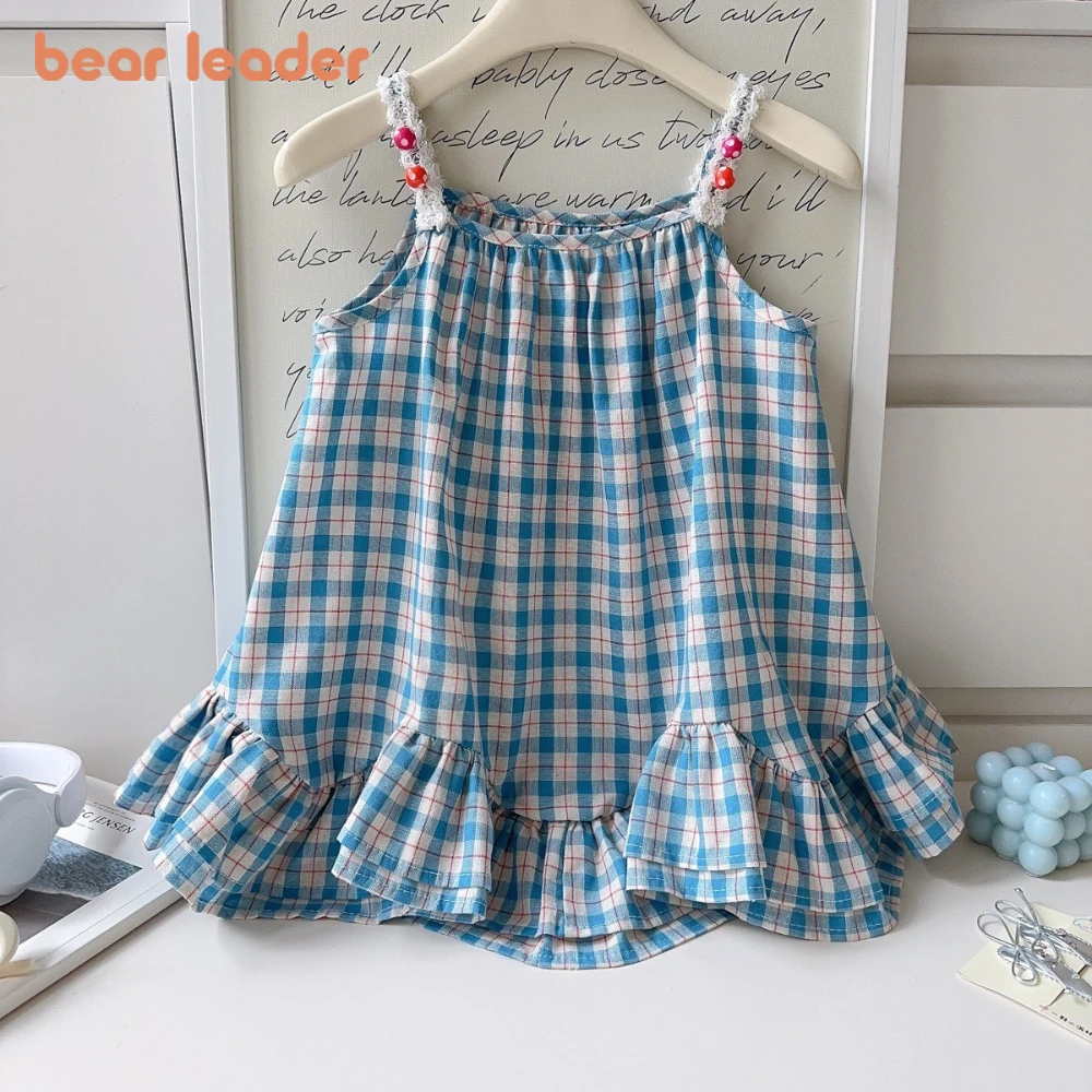 

Летнее платье Bear Leader для девочек с квадратным вырезом, плиссированное, в клетку, асимметричное, 2026, корейская версия, детская одежда