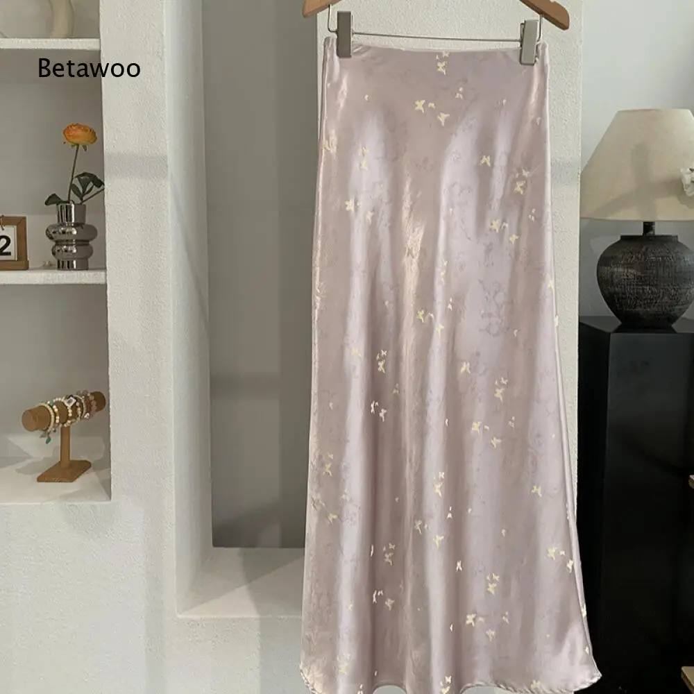 Women's Satin Midi Skirt Butterfly Print High Waist A-Line Flowy Skirt