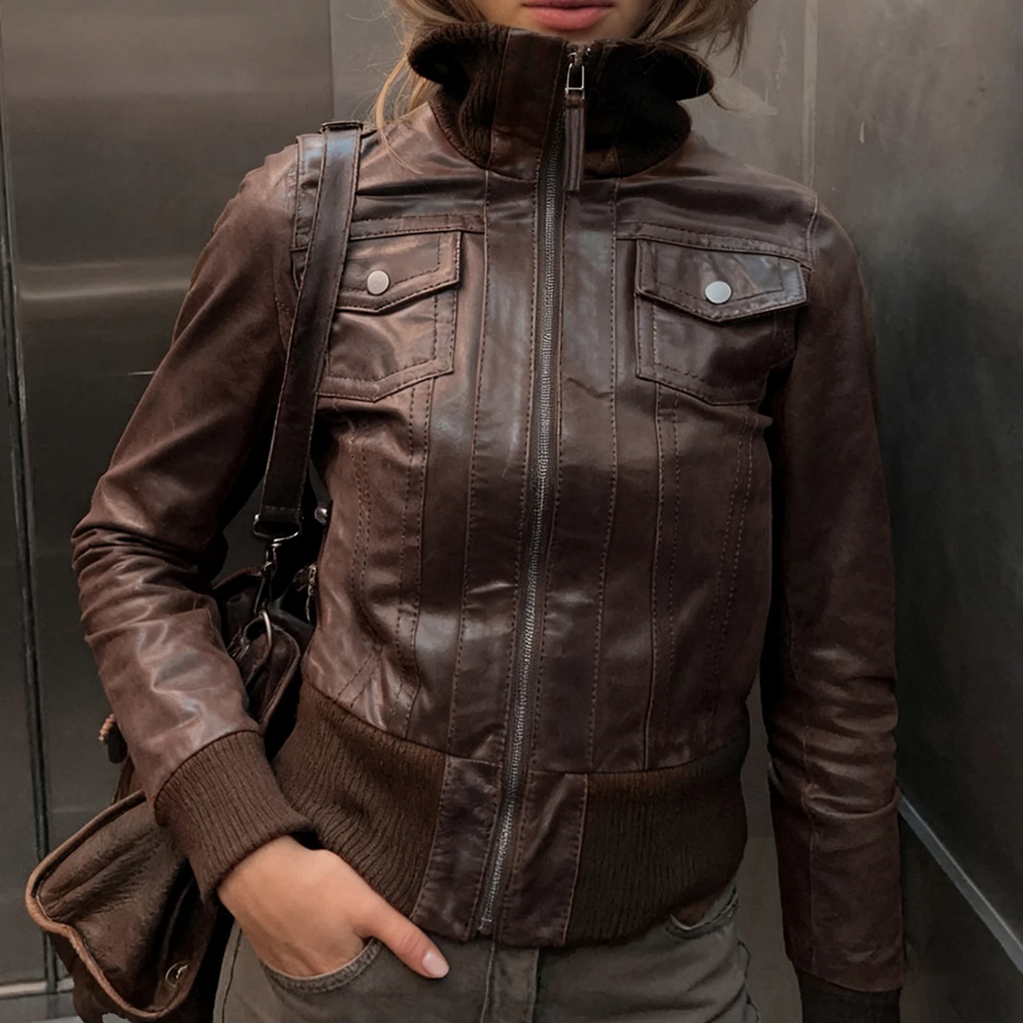 

Safari Style Pu Leather Jacket Slim-Fitting Pockets Turtleneck Zip-Up Long Sleeve Coats Women 2025 Autumn Winter Y2K Streetwear