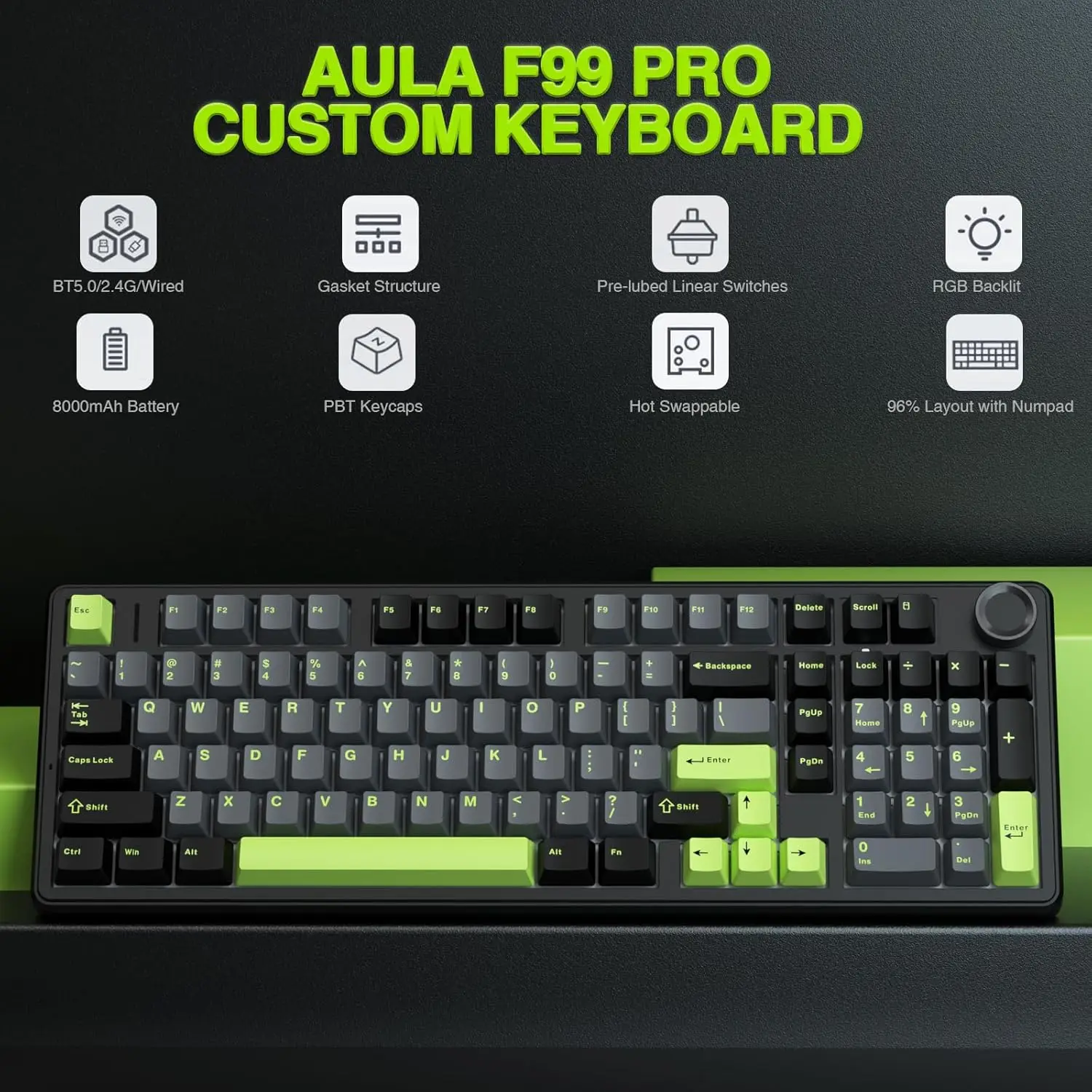 AULA F99PRO Wireless Gaming Keyboard Hot-swap Gasket Structure Compatible with 3/5 Pins Mechanical Keyboard with Media Knob