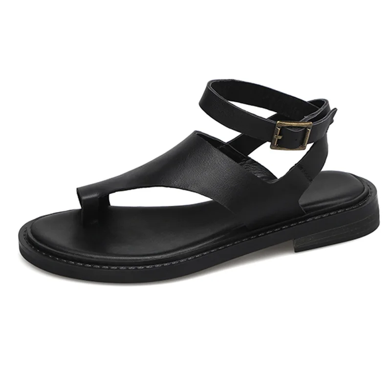 Retro Women Clip Toe Sandals Genuine Leather New 2025 Summer Ankle Strap Low Heeled Sandal Fashion Lady Black Brown Casual Shoes