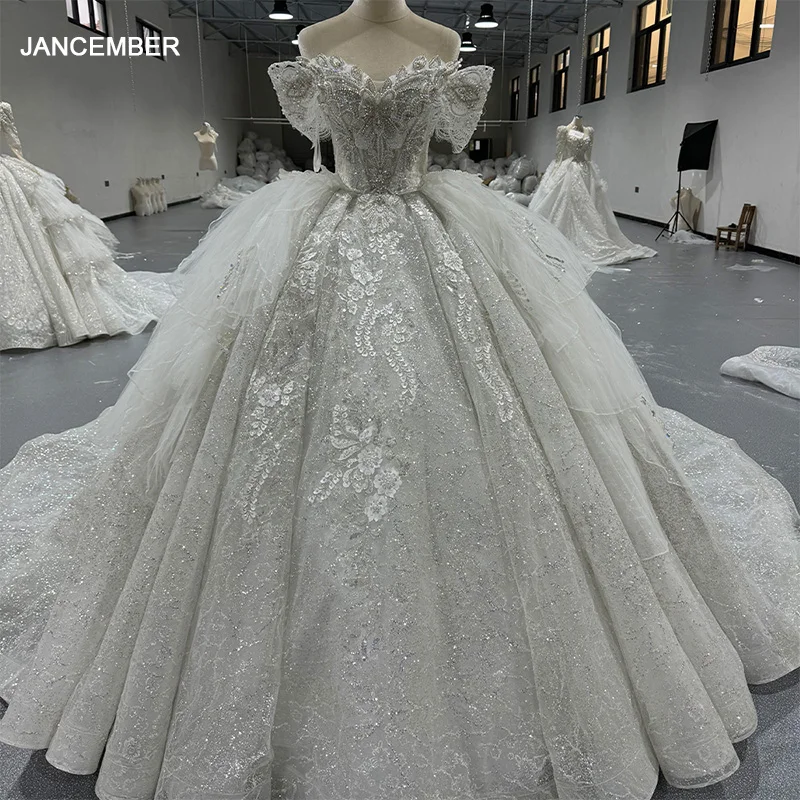 Jancember Beaded Wedding Dress 2024 Short Sleeve Lace Princess Bride Ball Gown SwanSarah Plus Size Vestido De Novia MN240