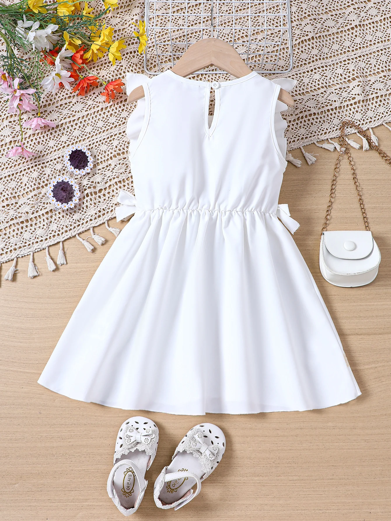 Summer Girls Dress With Round Neck Ruffle Edge Embroidered Bow Tie Waist Wrapped Mid length Dress Chinese Style Children\'s