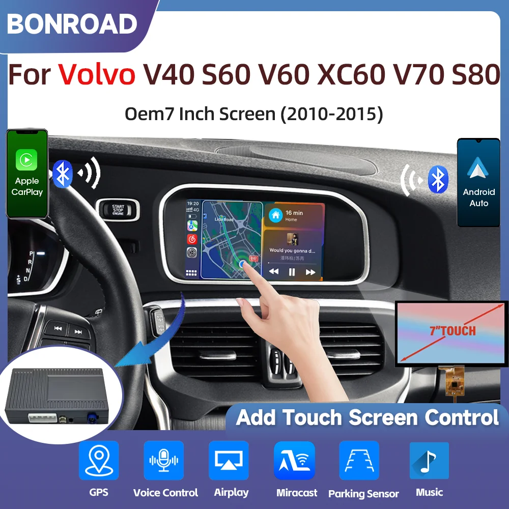 Kit di aggiornamento e retrofit per CarPlay wireless BONROAD per Volvo V40 V60 S60 XC60 V70 XC70 S80 2010-2015, interfaccia CarPlay da 7 pollici OEM con Android Auto, Mirrorlink, BT e funzione di