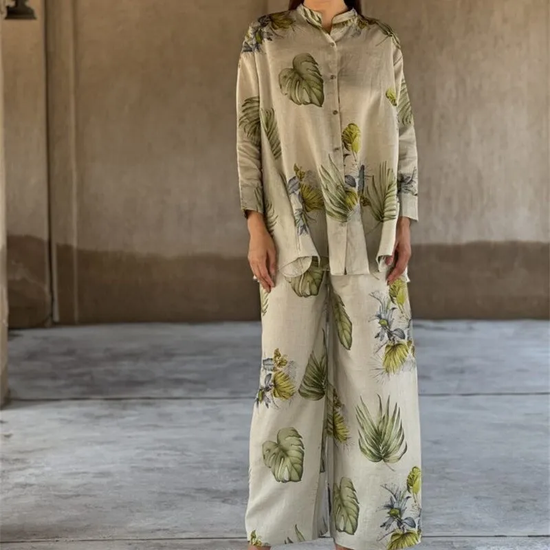 

2025 Autumn New Fashion Commuter Women's Set Elegant Floral Print Long Sleeve Loose Shirt Straight-Tight Casual Trousers Set