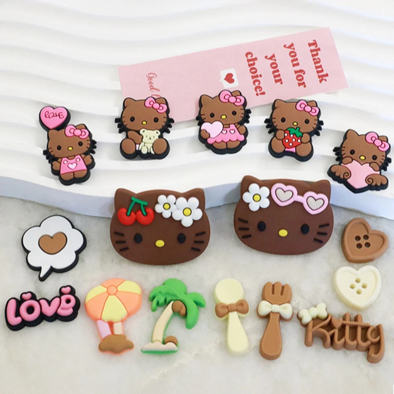 MINISO Hawaiian-themed Decor Hello Kitty Shoe Charms Brown Cat Summer Sandal & Clog Decorations Holiday Gift for Boys and Girls