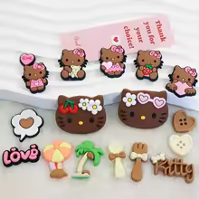 MINISO Hawaiian-themed Decor Hello Kitty Shoe Charms Brown Cat Summer Sandal & Clog Decorations Holiday Gift for Boys and Girls