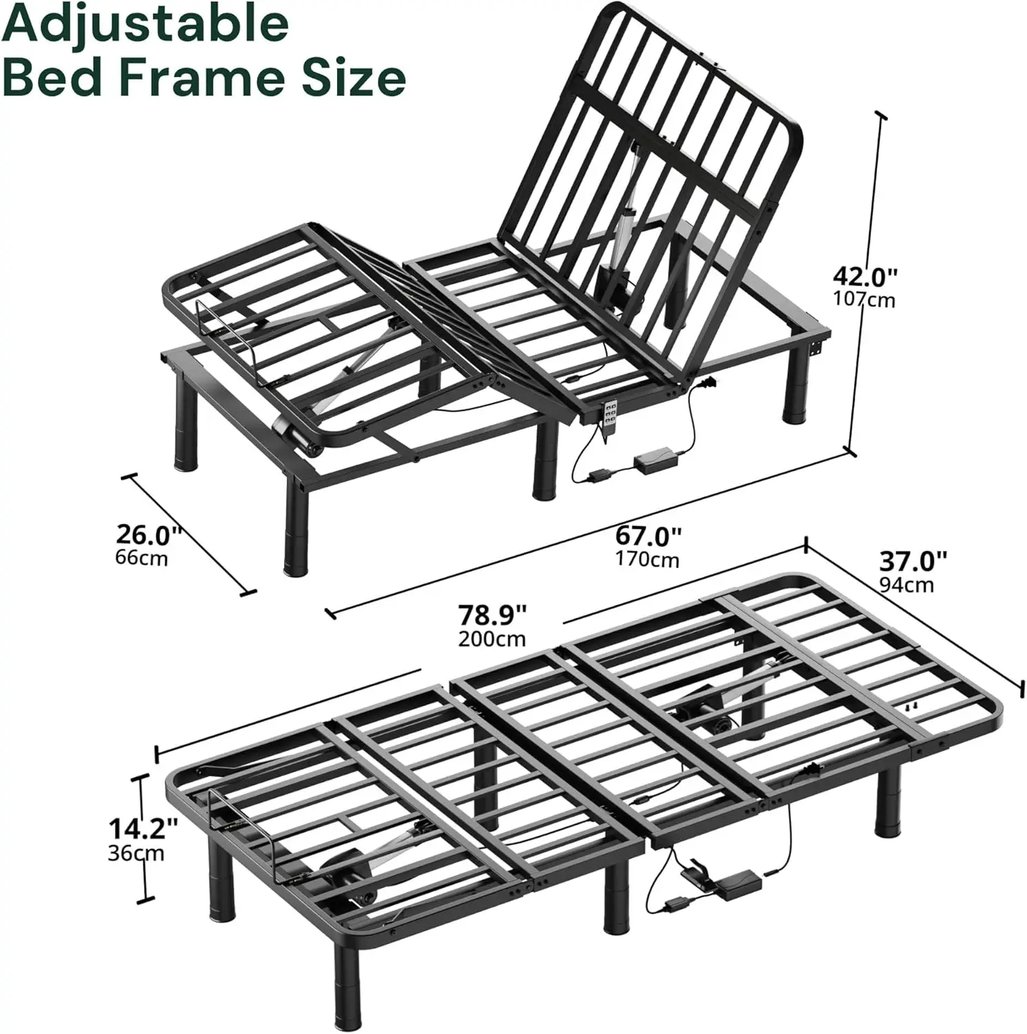 Twin XL Adjustable Bed Frame, Wired Remote Control, Independent Head and Foot Incline, Electric Bed Frame Base, Adjust