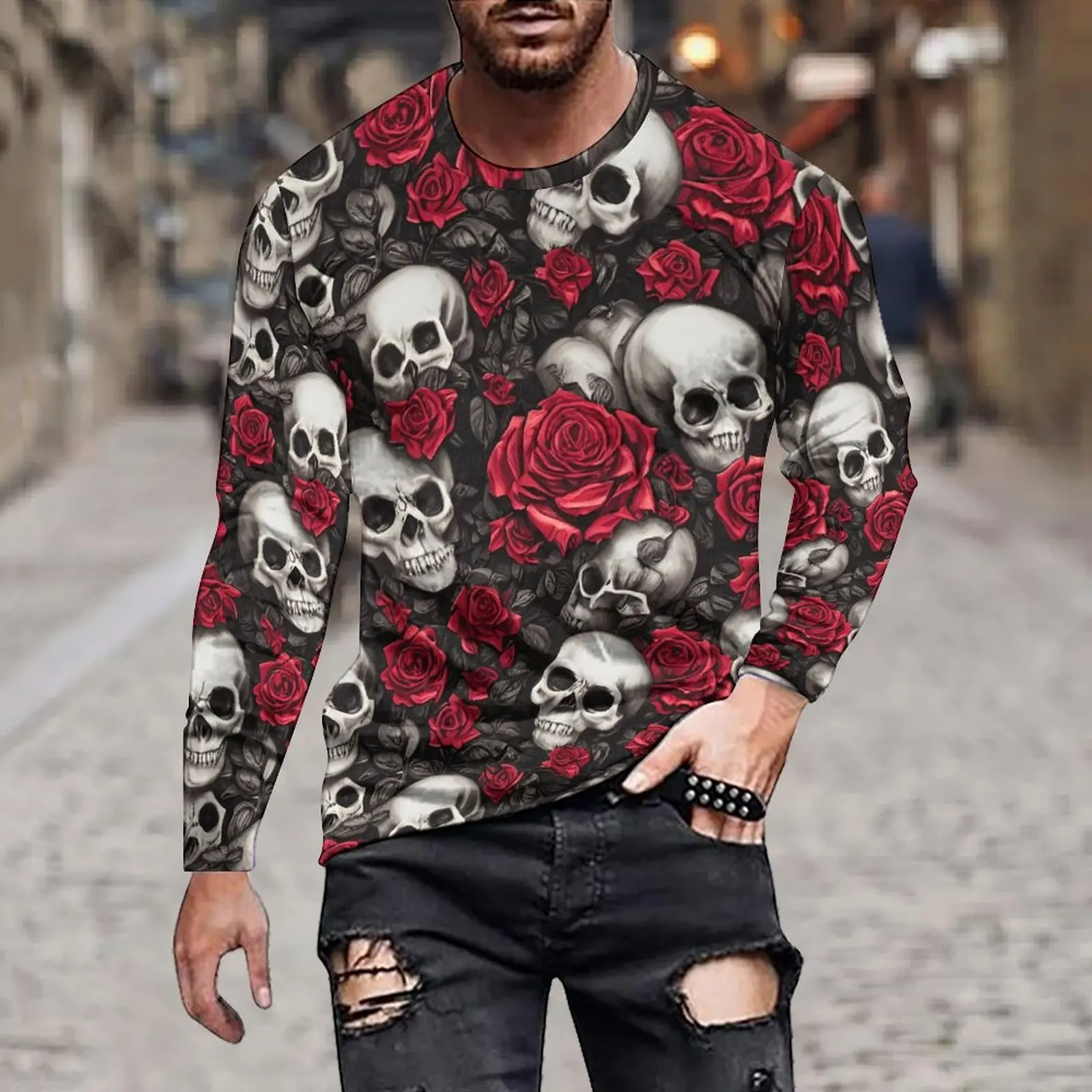 Simple Spring And Autumn Fashion Loose Casual Men's Skull With Rose Random Sort Printed Long Sleeve Crewneck Hoodie