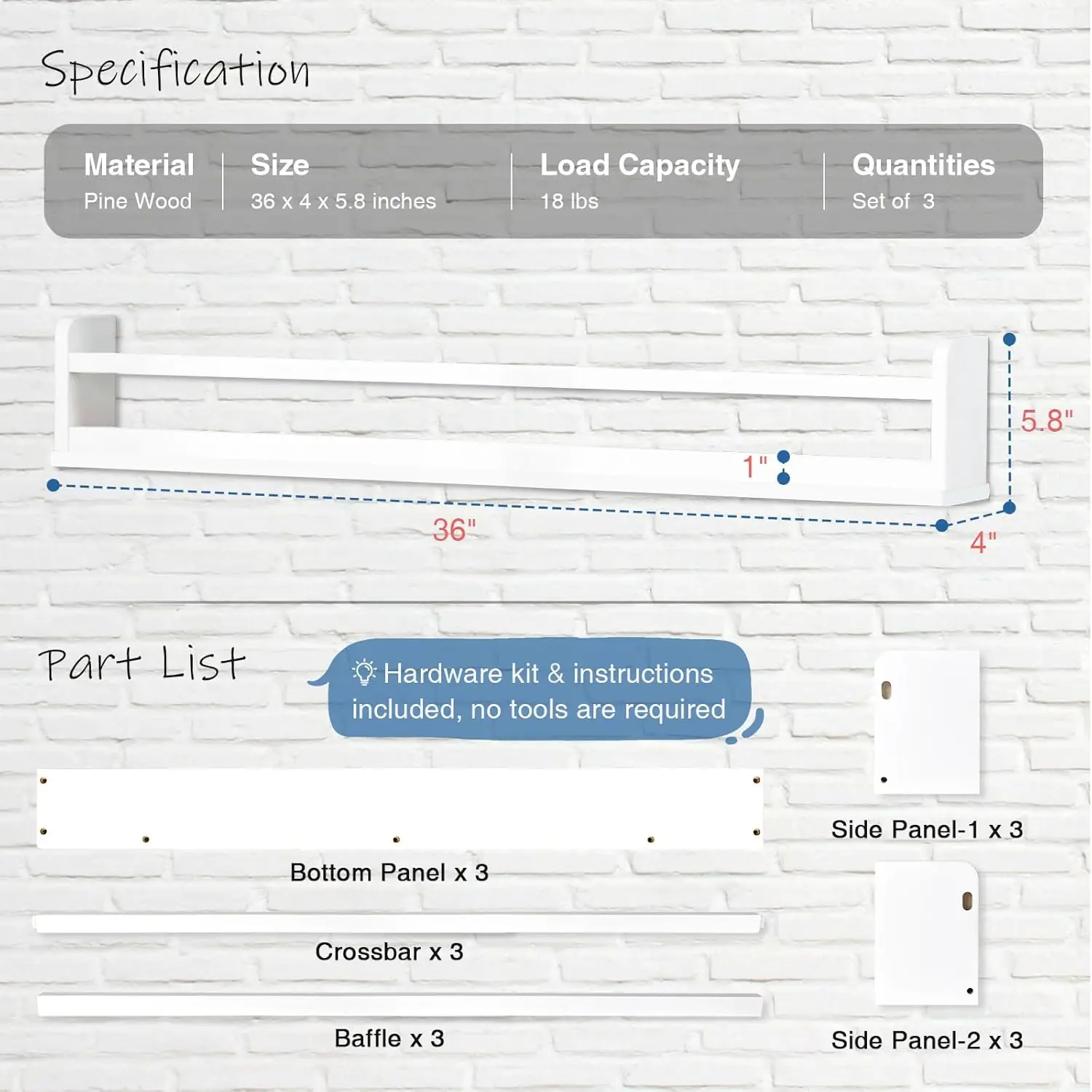 مجموعة أرفف كتب حائطية بيضاء عائمة مكونة من 3 قطع لغرفة الأطفال والحضانة وغرفة اللعب - بطول 36 بوصة