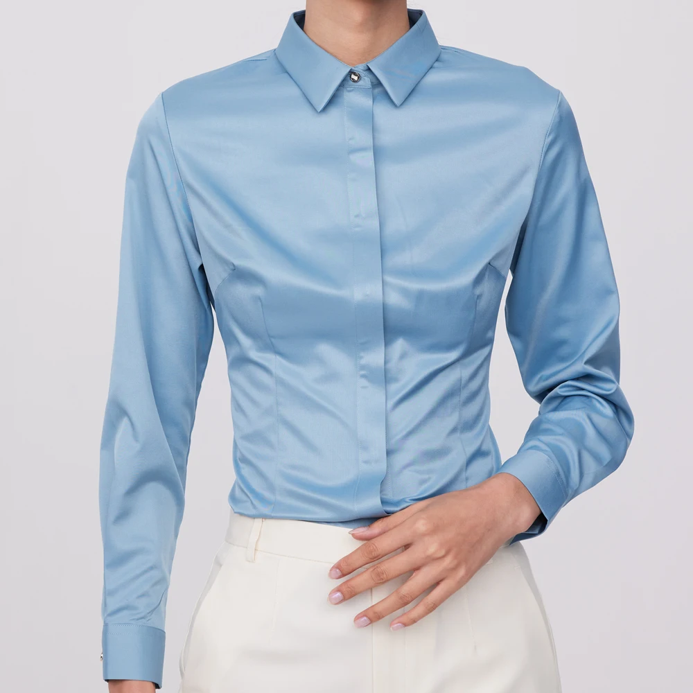 Women's Office Lady Non-iron Silk Touch Long Sleeve Shirt Without Pocket Hidden Buttons Placket Slim-fit Versatile Female Shirts
