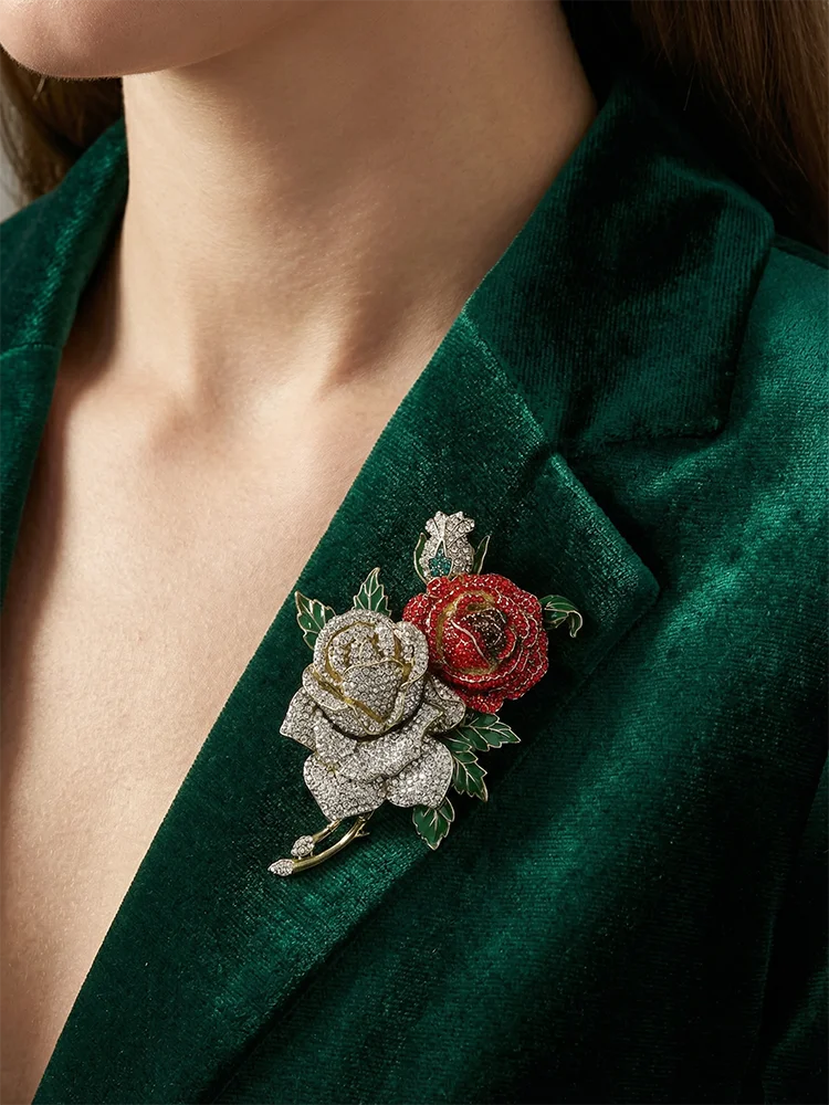 Blooming Double Rose Art Brooch, Hand Paved Crystals on 3D Petals, Enamel Foliage Warm Gold Vintage Floral Pin