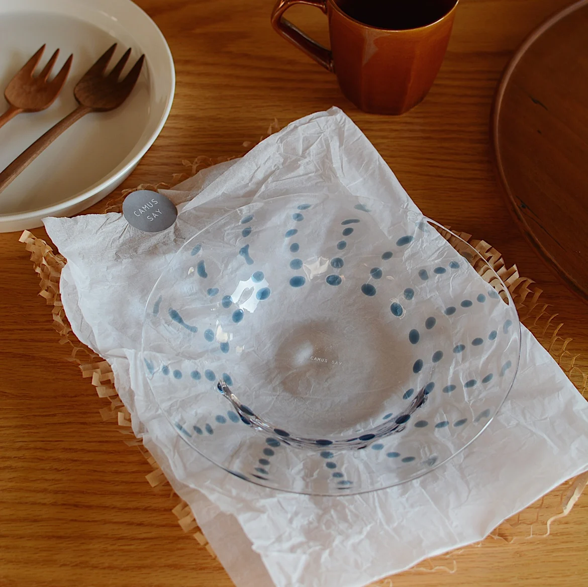 Blue Raindrop Small Plate, Transparent Handmade Blue Dot Glass Plate, Irregular Retro Fruit Plate