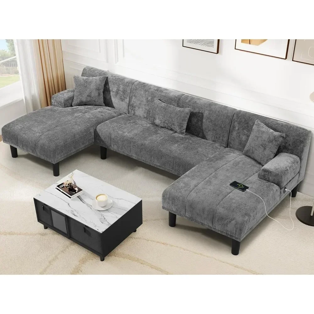 Sectional Couch for Living Room U Shaped Chenille Sofa with USB Type C Ports Double Chaise Modern Living Room Furniture