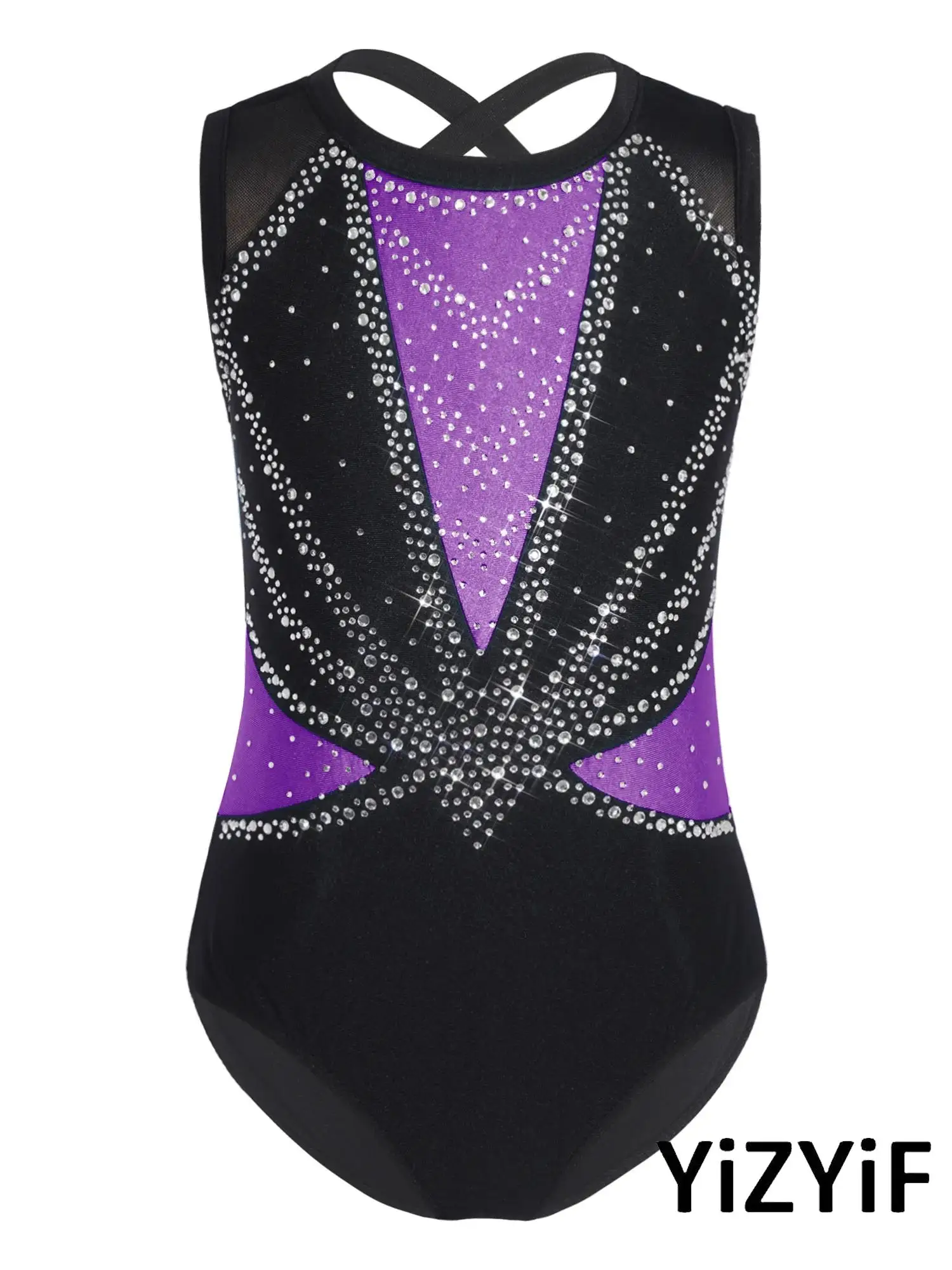 Girls Ballet Latin Outfit Set Sleeveless Rhinestone Color Block Leotard with Matching Shorts Hairband and Drawstring Backpack