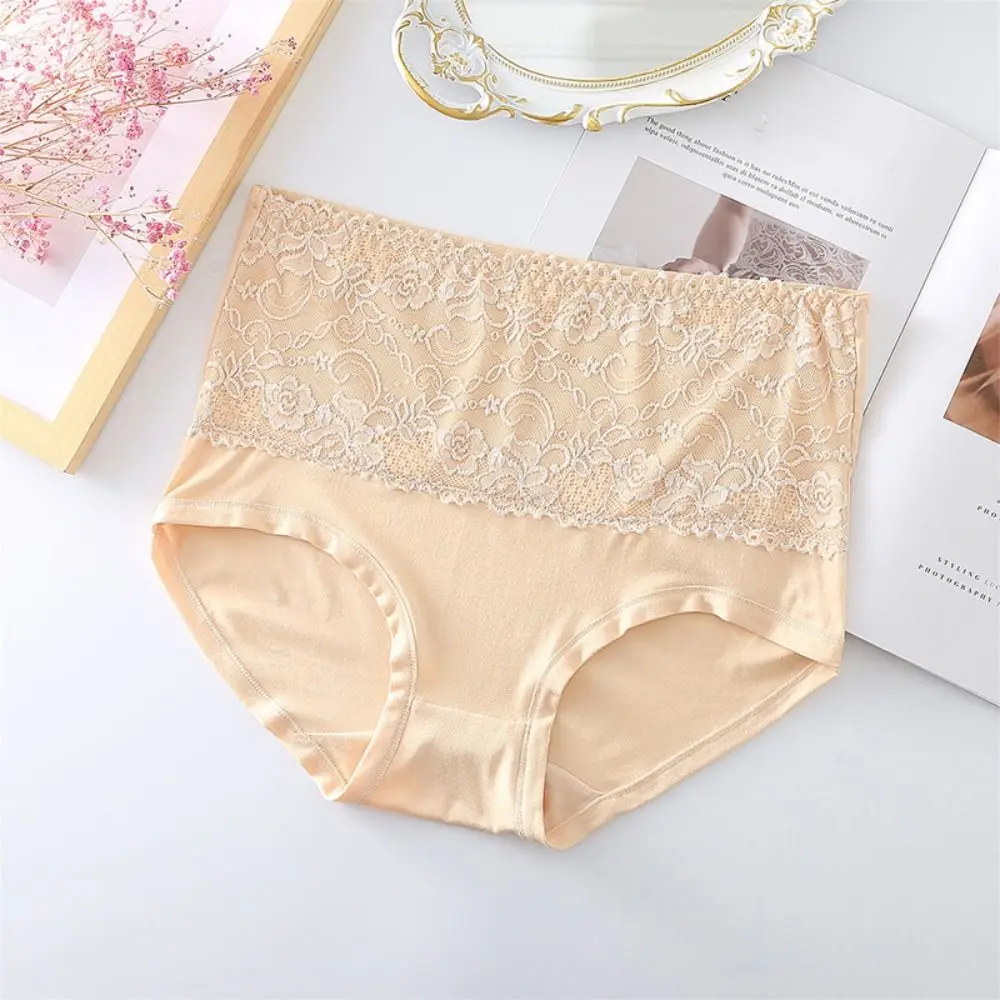 

4Pcs Mid Waist Lace Flower Briefs Large Size Underpants Seamless Panties Solid Color Tummy Control Underwear for Women Girl