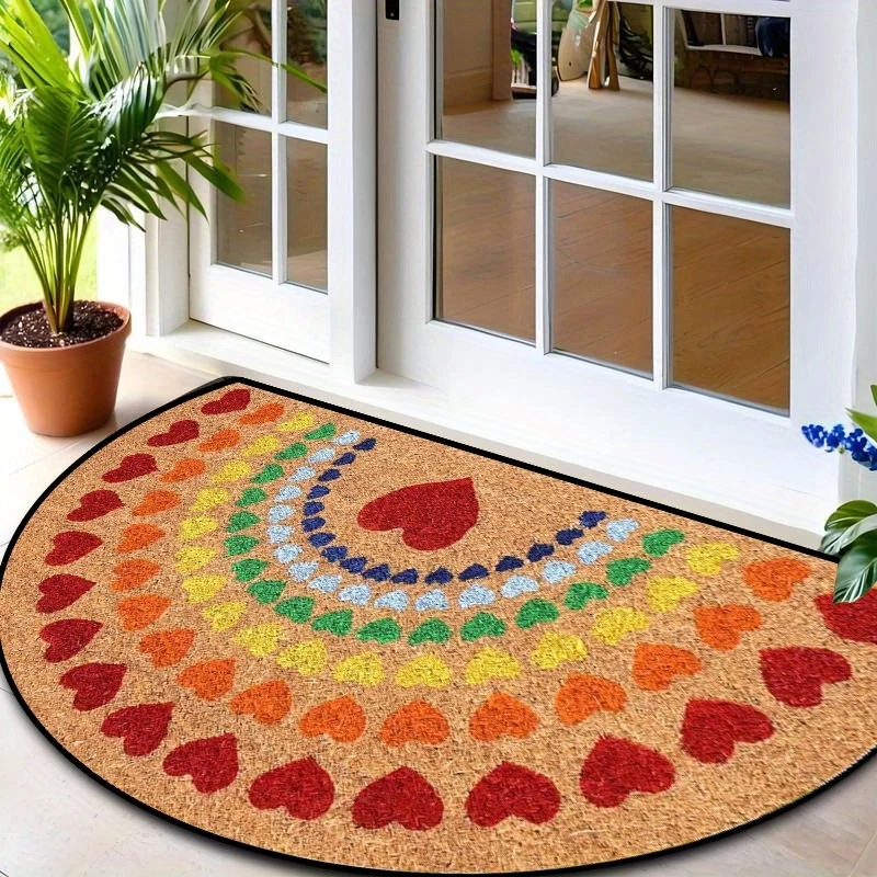 VIKAMA Regenbogen-Herz-Halbrund-Fußmatte, rutschfester, waschbarer Eingangsteppich, niedliche, bunte Fußmatte mit Herz-Print für die Haustür
