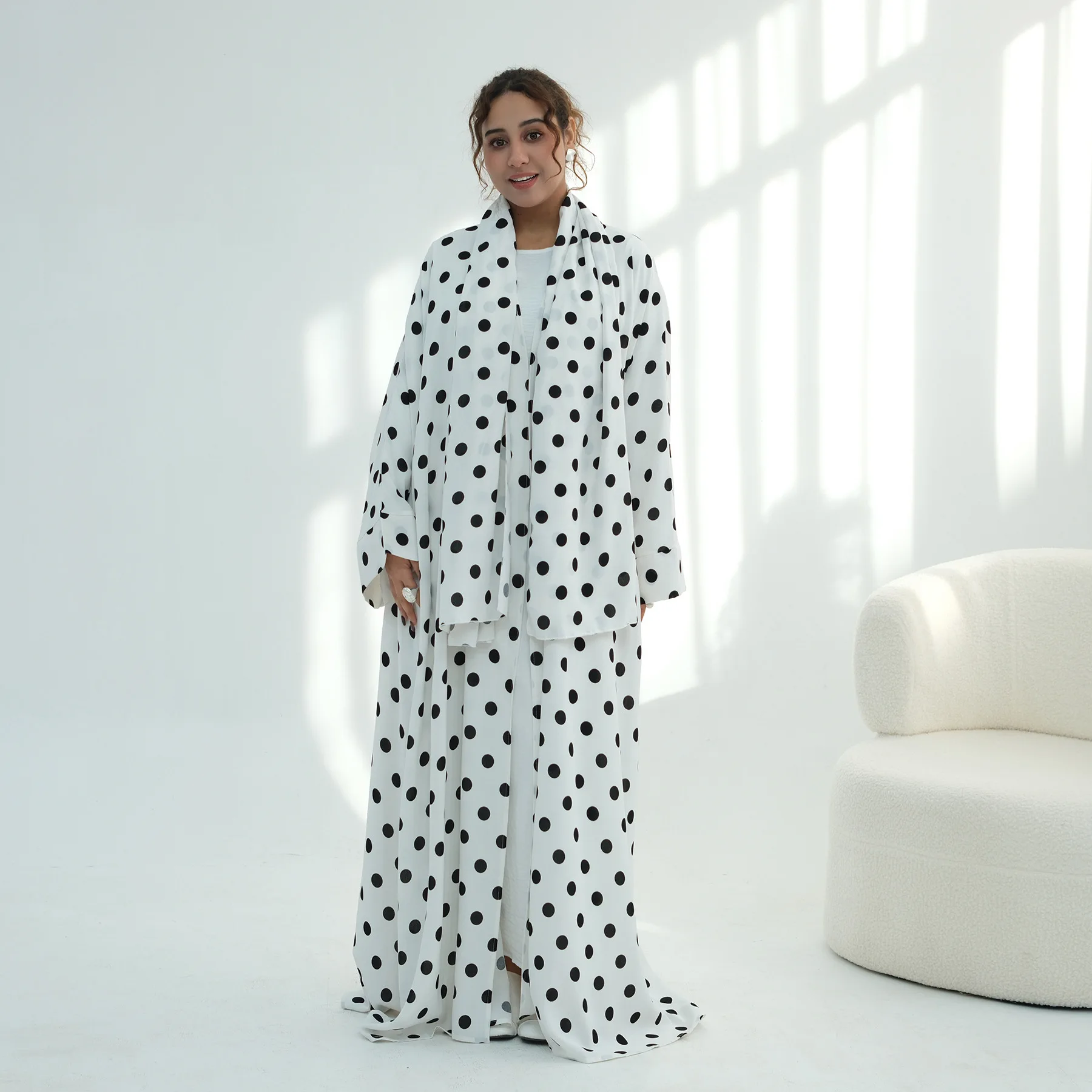 Mode Dubai Polka Dot Abaya Kaftan Hijab Jurk Set voor Moslimvrouwen Marocain Jalabiya Kebaya Bescheiden Islamitische Kleding Ramadan