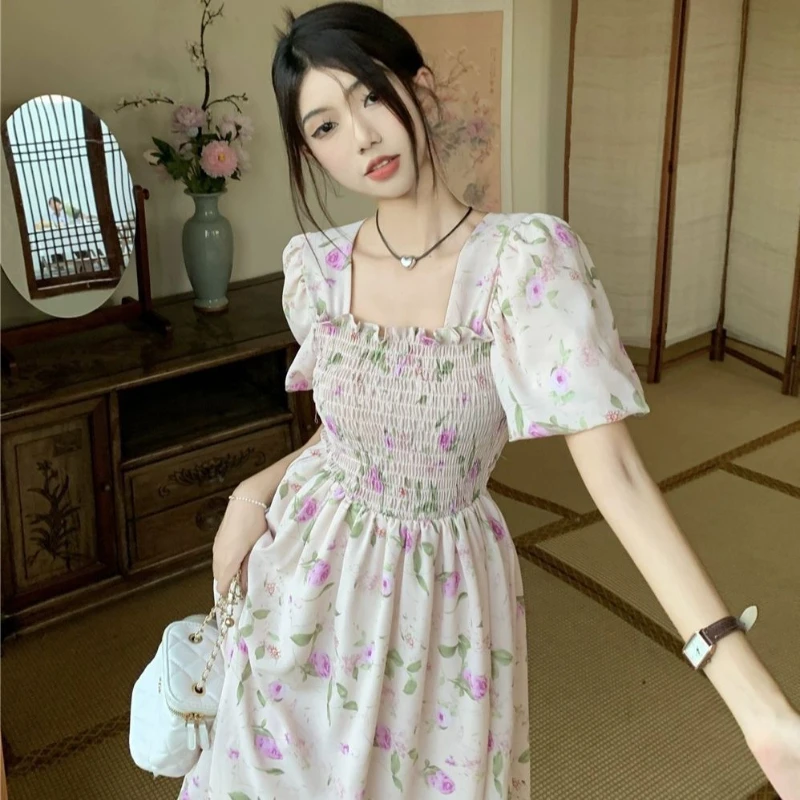 

Women's 2024 Summer New Fashion Sweet Spliced Shirring Belted Square Collar Printed Slim Puff Sleeve Flattering A-line Dresses