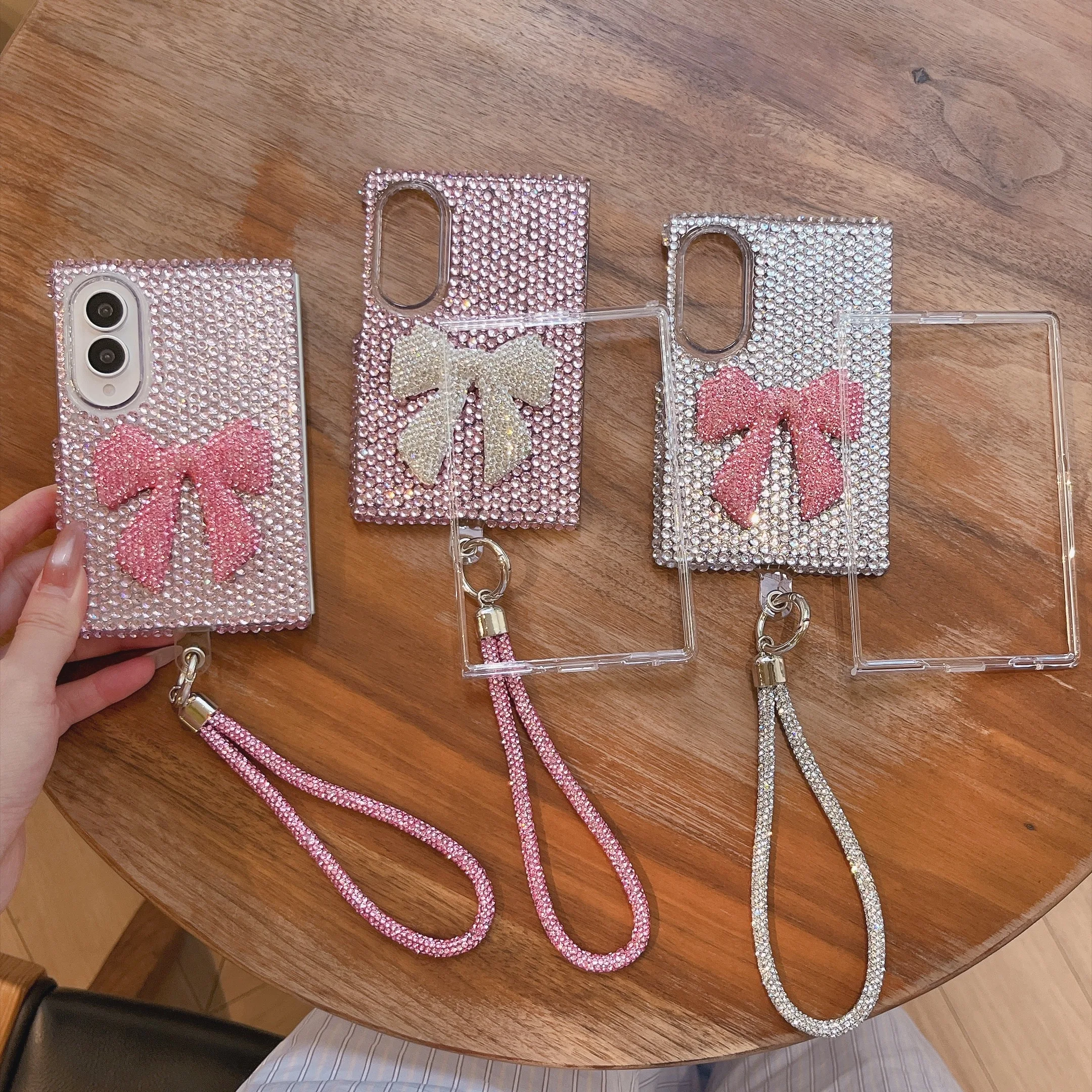 Kawaii Girly Sparkle Glitter Rhinestone Bowknot Case For Samsung Galaxy Z Fold8 Ultra Fold7 6 5 4 Hand Strap Shockproof Cover