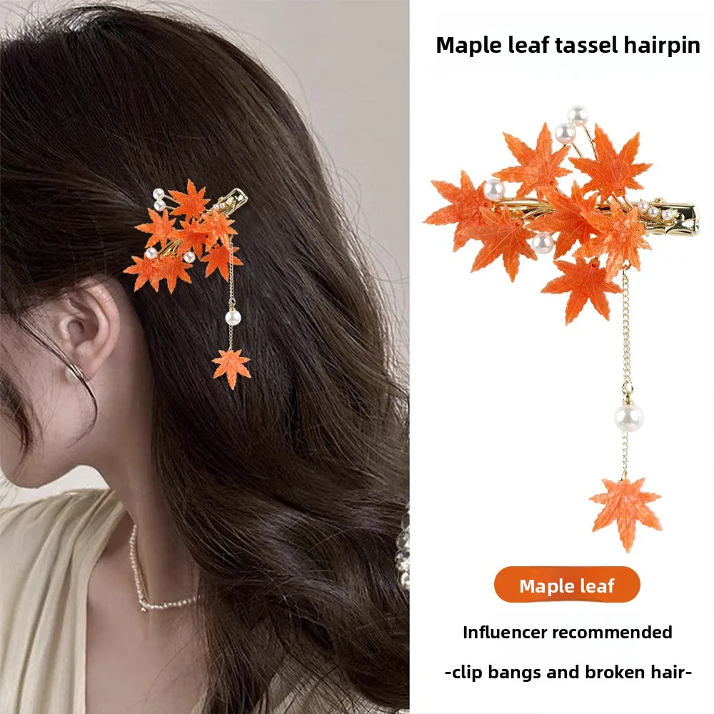 

Chinese-Style Tassel Red Maple Leaf Hair Clip Women's Half-Up Vintage Hair Accessory Side-Swept Bangs Duckbill Clip