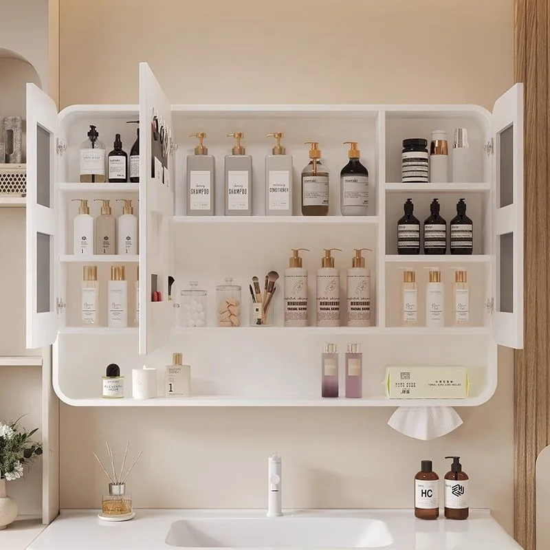 Modern simple bathroom bathroom cabinet intelligent heightening double door fully enclosed mirror cabinet mirror back