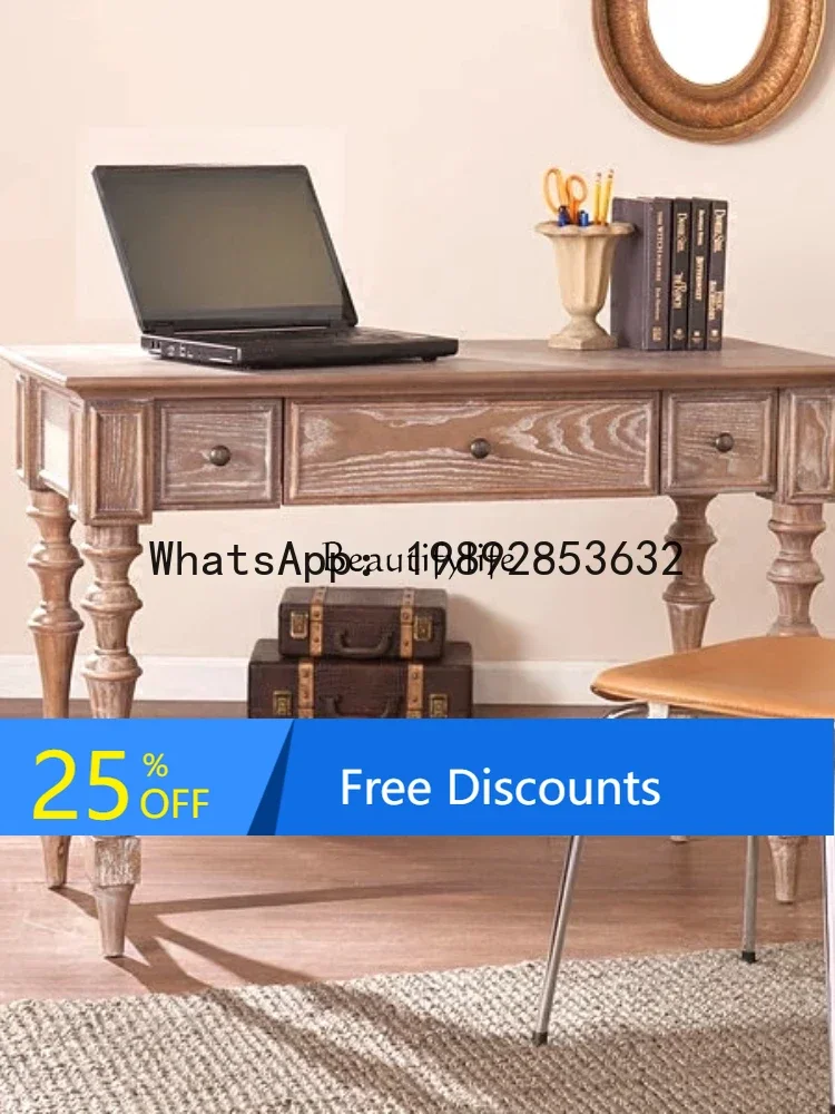 

country red oak desk single solid wood office French retro weathered white and old