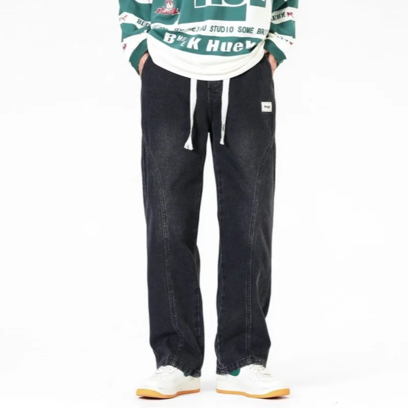 

New Fashion Men Trendy Loose Straight Leg Casual Jeans Male Teenagers Light Blue Wide Leg Elastic Waist Denim Jeans Trousers 4XL