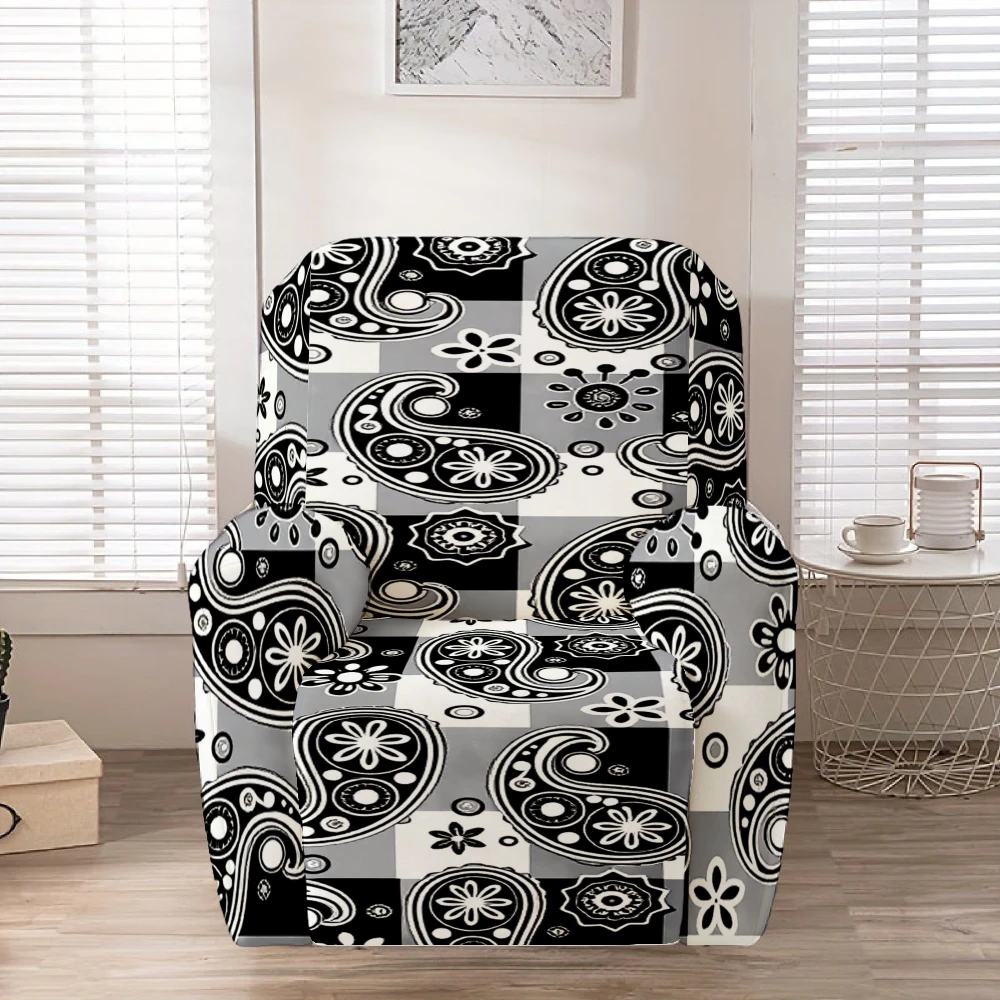 Black White Gray Buffalo Check Paisley Floral Print Stretch Recliner Chair Cover, Washable Slipcover for  Living Room Decor