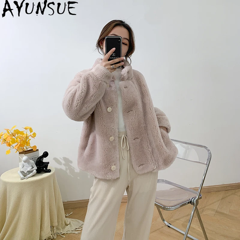 AYUNSUE 100% ウールコート レディース 2025 冬服 女性用 本物の羊毛 シアリングジャケット グレインファッション 合成毛皮 パルトォ ジェンソーレ