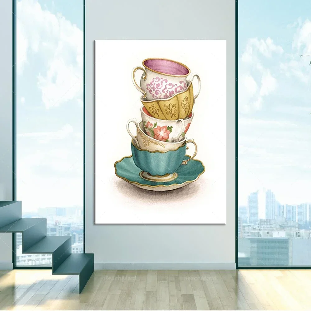 Retro poster, teacup watercolor art retro art teacup decoration home unique gift poster
