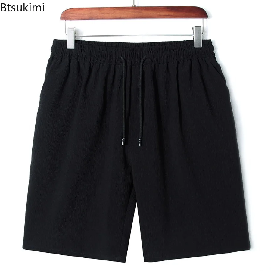 New 2025 Men's Summer Linen Casual Shorts Loose Solid Color Waist Tie Middle Pants for Men Cotton Linen Knee Length Pants Male