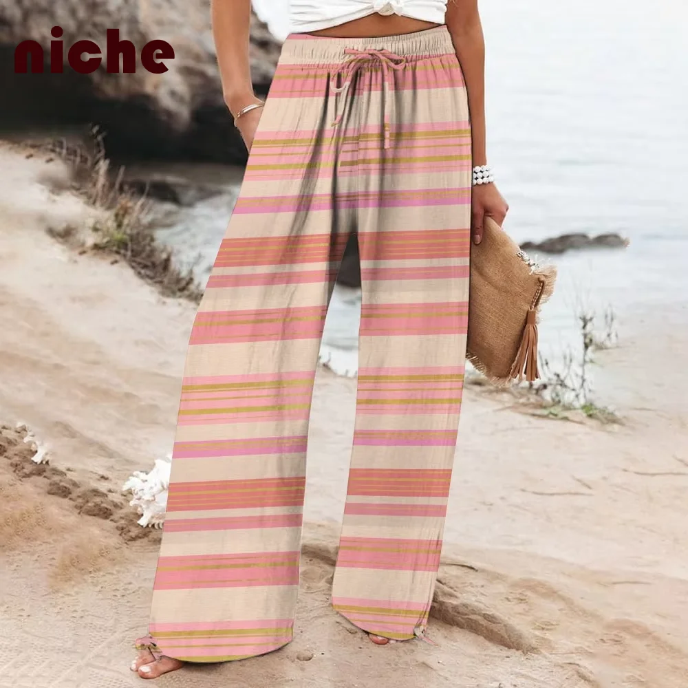 

Y2k Style Chic Women Beach Pants Striped Plaid Graphic Printing High Quality Cotton Linen Fashion Trend New Wide-Leg Trousers