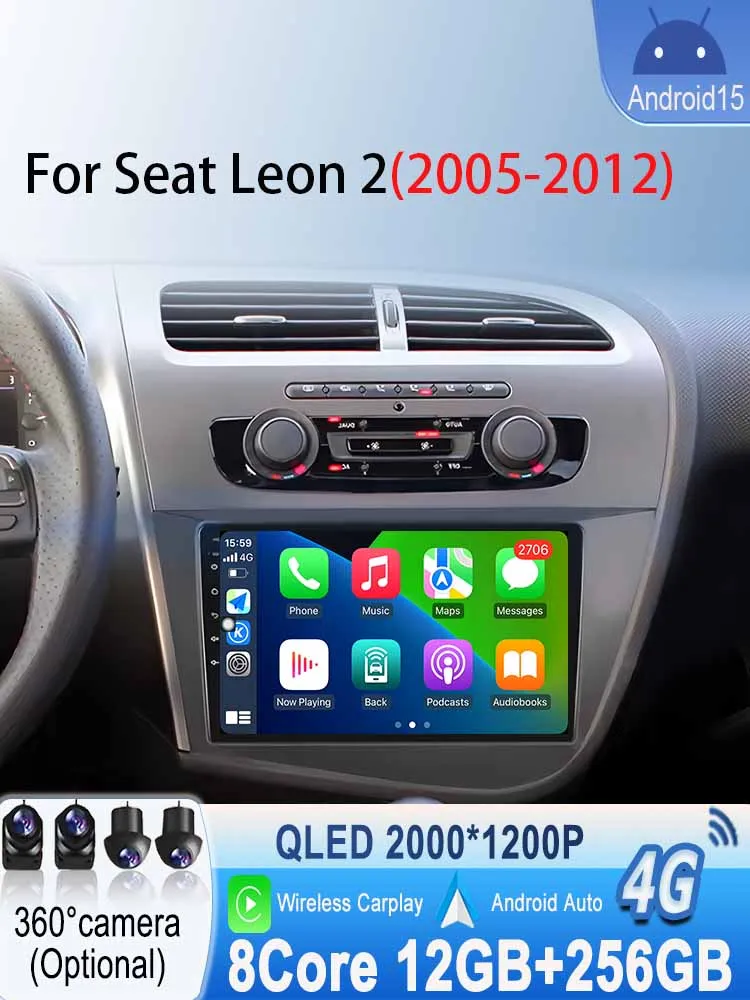 Draadloze Carplay Android 15 voor Seat Leon 2 2005-2012 Multimedia Video Player Wifi Autoradio Navigatie GPS Stereo Android auto - afbeelding 2