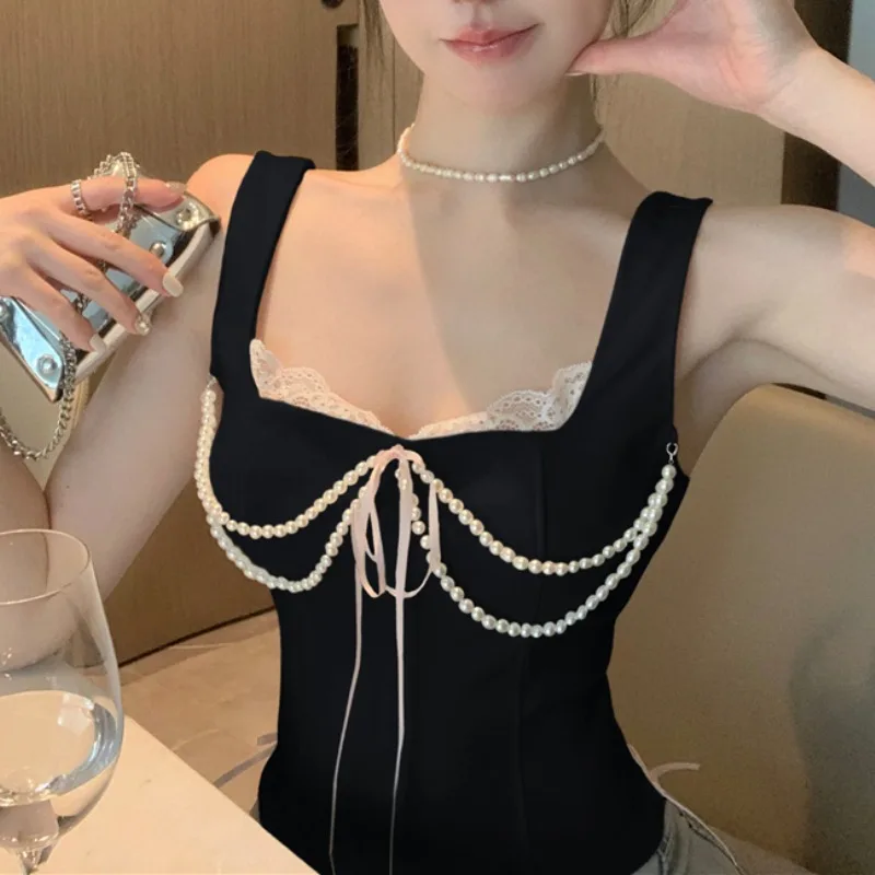 

2024 Summer for Women Crop Tops Vintage Korean Retro Lace Stitching Pearl Camis Sleeveless Y2k Streetwear 00s Vest