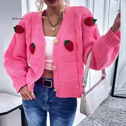 Women Elegant trawberry Print Sweater Cardigan Autumn Winter Casual Loose Ribbed Cardigan Fashion Long Sleeve Button Jumper Coat