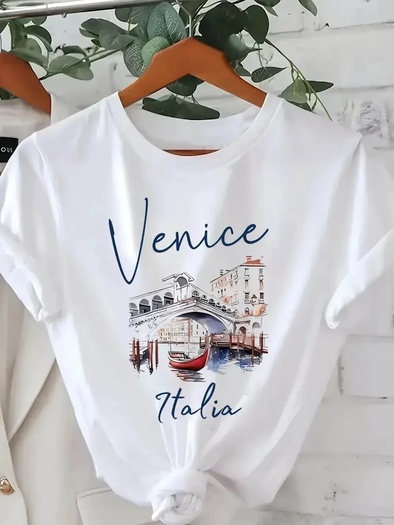 Women Venice Italia Graphic T‑Shirt Watercolor City Landscape Print Crew Neck Short Sleeve Casual Travel Souvenir Tee Tops