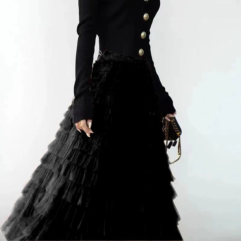 Sommer Frühling Damen Mehrschichtiger Rüschen Tüllrock Plissee Hohe Taille Flauschiger Maxirock Feenkuchenkleid Langer Tutu Partyrock – Detail 20