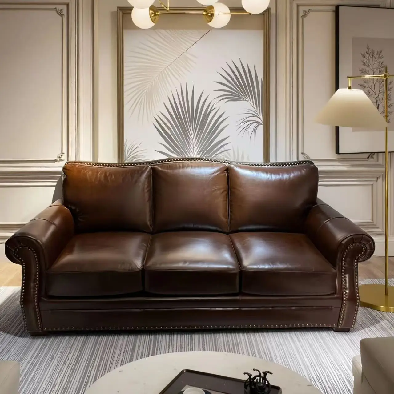 

American Style Leather Light Luxury Black Gray Leather Sofa Living Room Leather Sofa