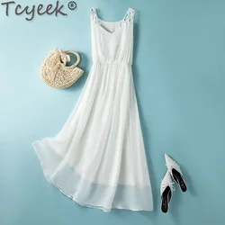 Tcyeek100% Mulberry Silk Dress Women Veck Sexy Dresses for Women Summer White Dress Sleeveless Beach Outfits Vestidos Ropa Mujer