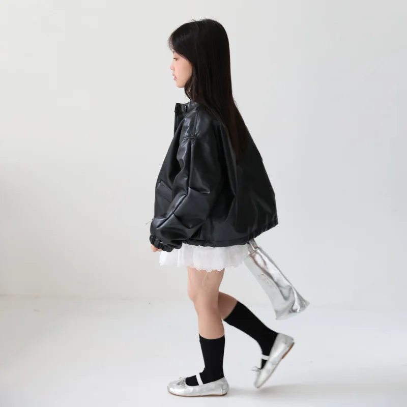 New Spring Autumn Baby Girls Solid Color PU Leather Kids Fashion Leather Jackets Children Outerwear Clothes 2-14Y
