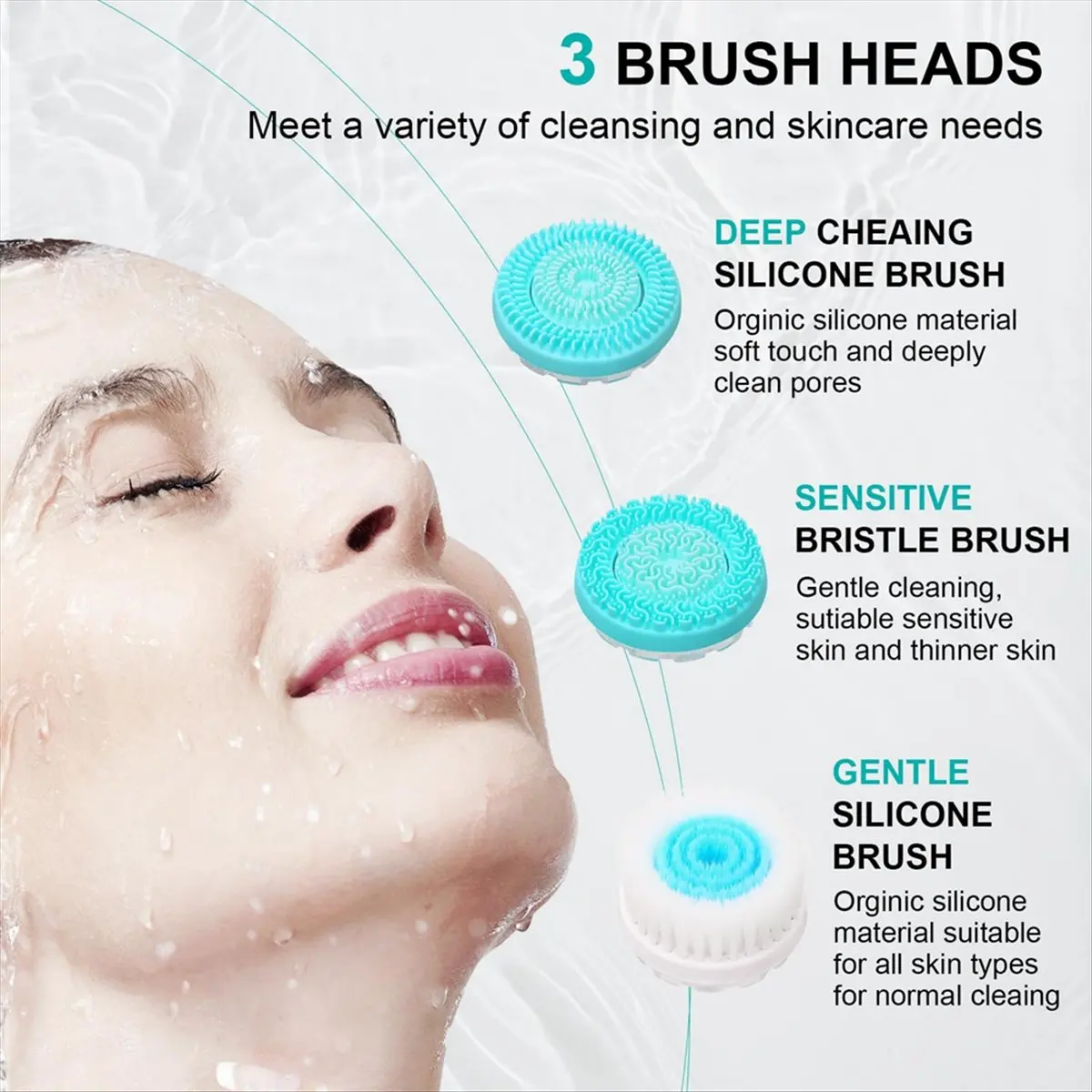 Dispositivo de Limpeza ABIT, Esfoliador Facial à Prova d'Água com Dupla Rotação e 3 Cabeças de Escova, para Cuidados com a Pele B