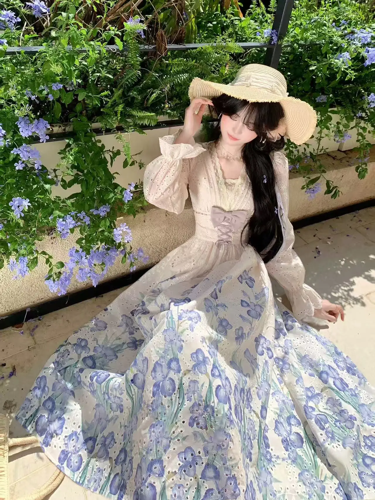 Autumn French Vintage Elegant Moriko Style Dress Women's Printed Cutout Bowknot Long Dress High-end Romantic Party Clothing 2025