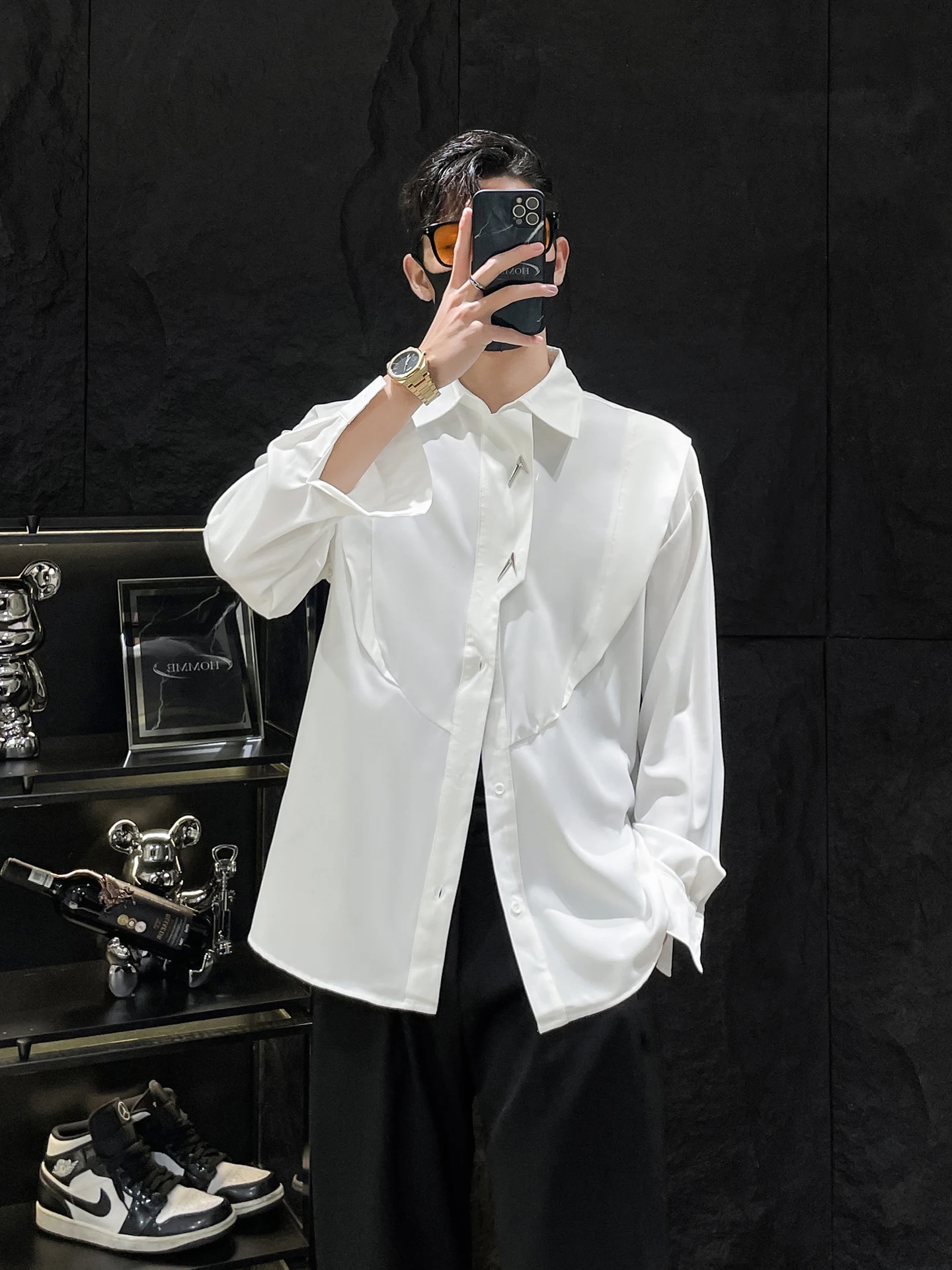 

HOMME White Loose Long Sve Men's irt Design Sense Patchwork Structure Youth Faion Casual Comfortable Premium Feeling