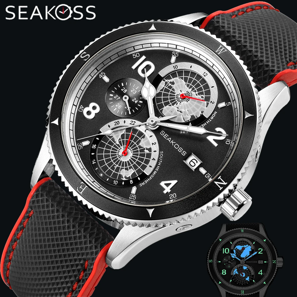 

SEAKOSS Mens 1963 Fully Automatic Movement Mechanical Watch Year Month 24 Hours Display FKM Strap Super Luminous Dive Wristwatch