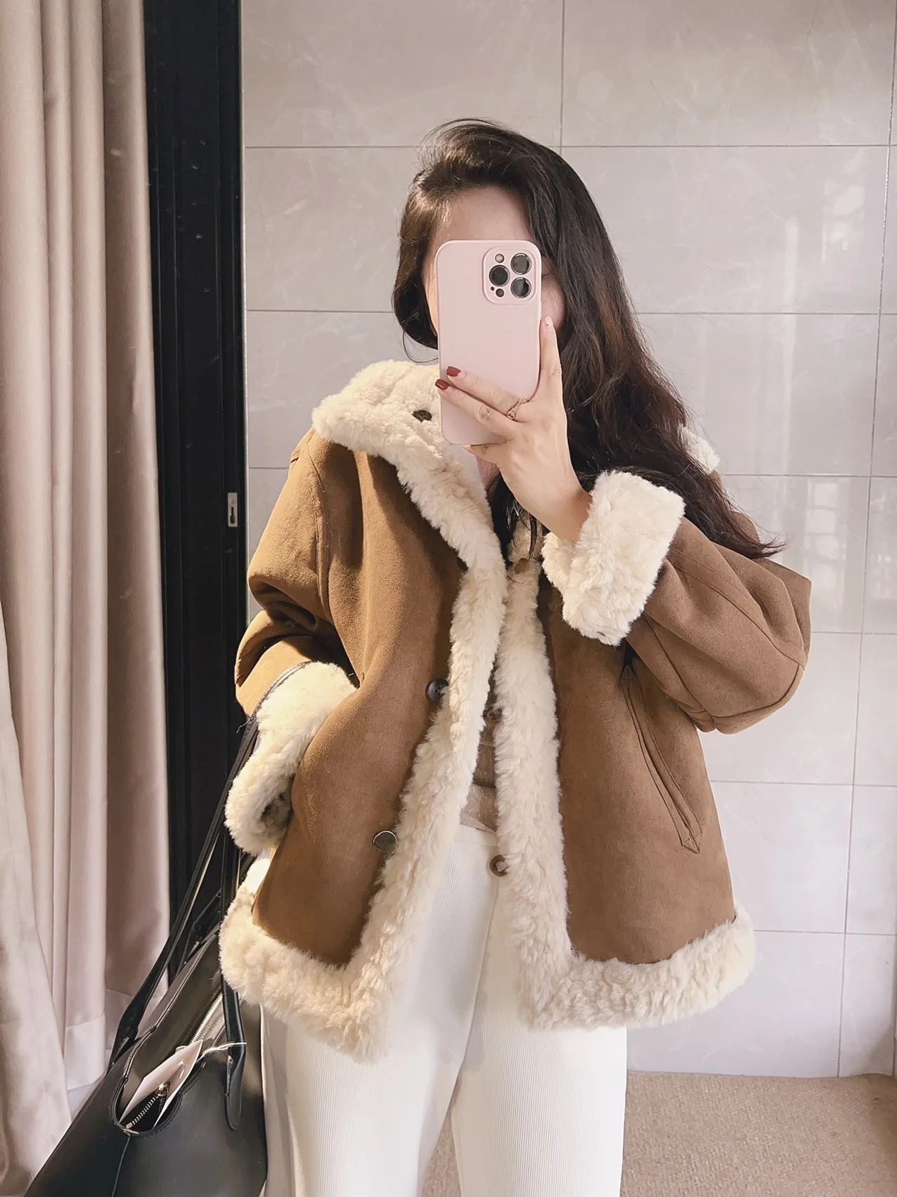 

Романтическое очень легкое теплое свободное замшевое коричневое пальто с воротником-стойкой для женщин, французское длинное свековое пальто из полиэфирного волокна