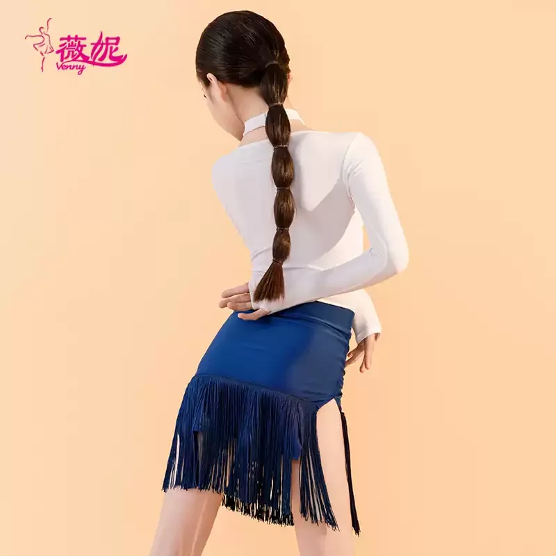 베니 라틴 댄스 드레스 여아용 긴팔 홀터넥 투피스 세트 프린지 장식 트렌디 연습복 댄스 공연 의상